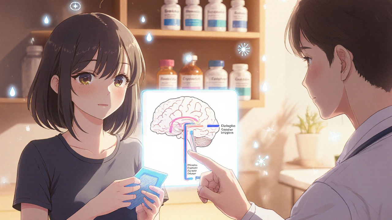 A patient and doctor discussing antidepressant side effects, with a holographic brain diagram showing serotonin pathways and medication labels in the background.