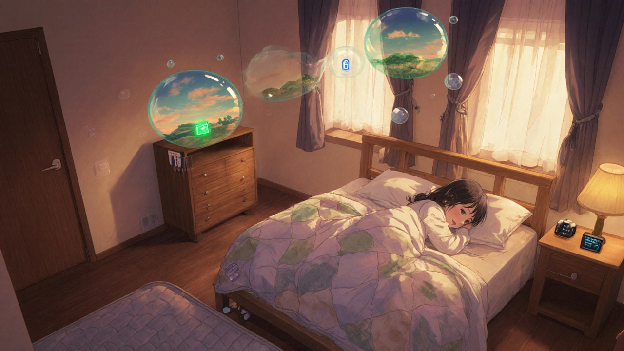 A safe bedroom with door alarm, secured windows, and mattress on floor as child sleeps peacefully.