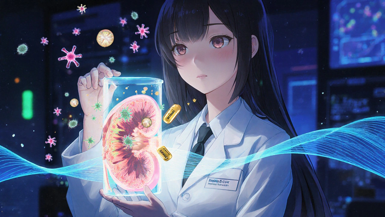 A scientist holding a urine sample that projects a hologram of immune cells and a healing pill.