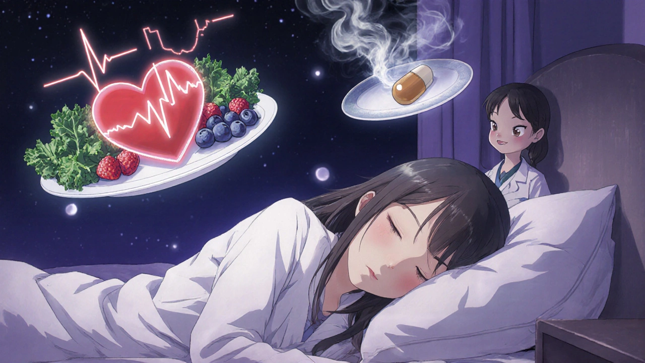 A sleeping girl with healthy foods and a broken supplement capsule dissolving above her.