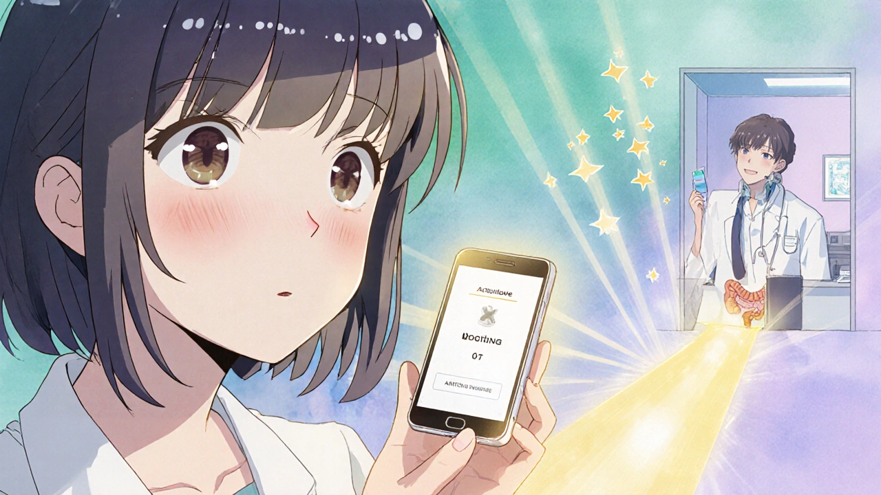 A woman holding a stool test kit as a golden path leads to a colonoscopy room, with polyps turning into stars.