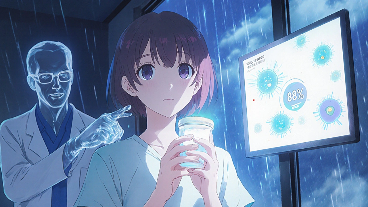 A woman holding a urine sample as bacteria flee from a pill under a glowing microscope, showing treatment success.