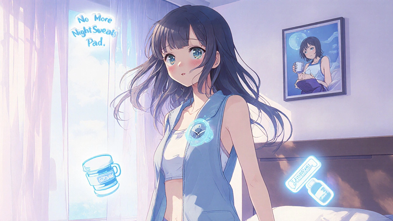 A woman smiling in morning light, wearing a cooling vest and moisture-wicking sleepwear, a fan blowing gently, symbols of relief floating beside her.
