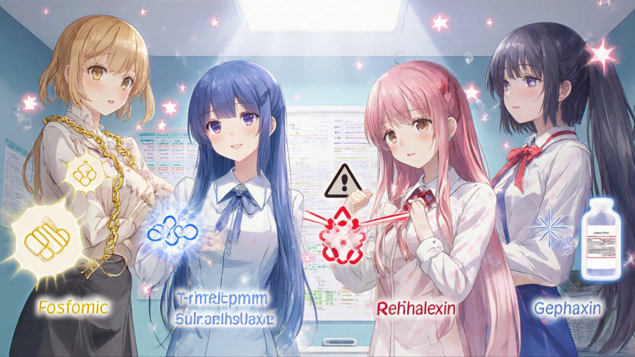 Four anime-style girls representing different UTI antibiotics, each with unique color-coded symbols and resistance indicators.