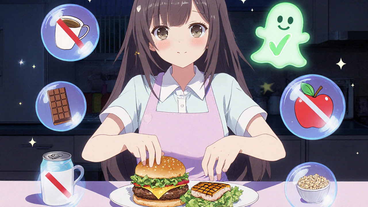 Girl choosing healthy food in kitchen, with forbidden GERD triggers floating and fading away.