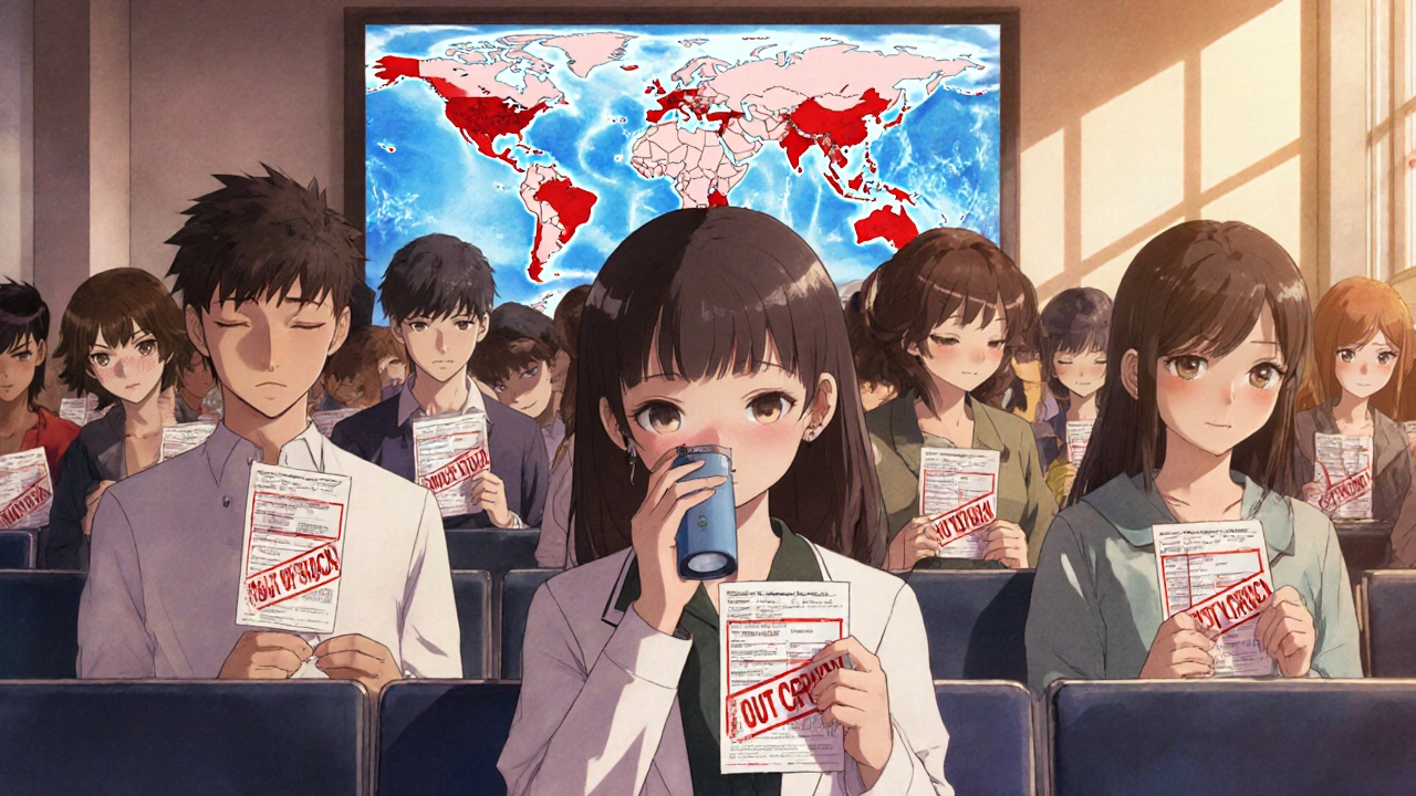 Patients wait in a clinic with empty prescriptions, one holding a broken inhaler as price graphs glow behind them.