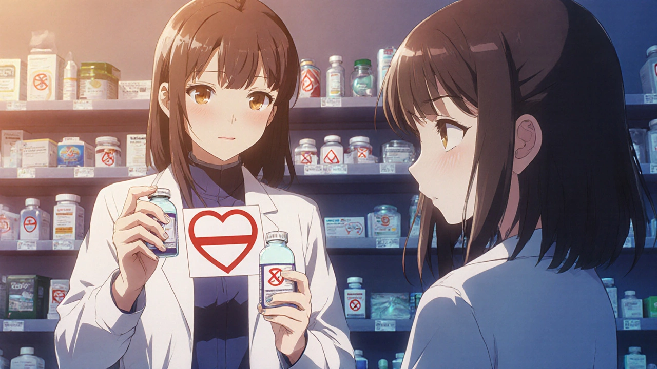 Pharmacist warning a girl about unsafe OTC medicine interactions with antidepressants.