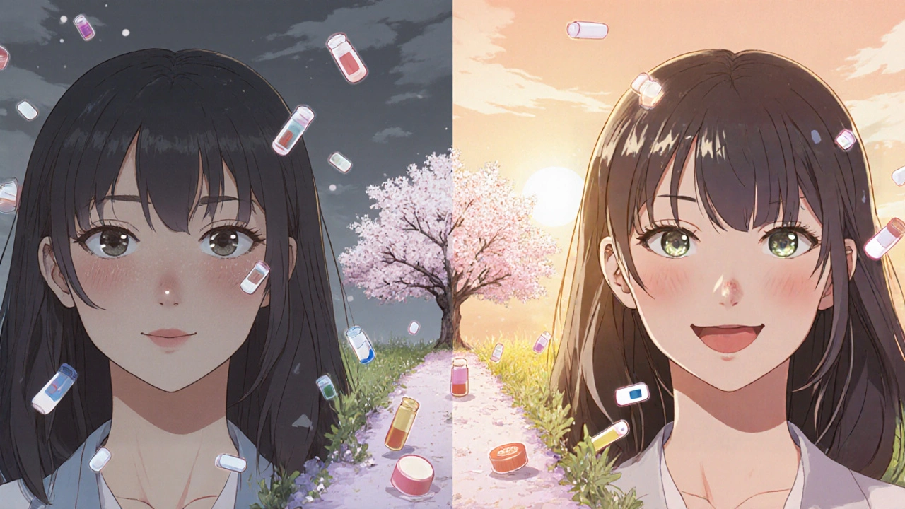 Split image: acne-stricken face transforming into clear, radiant skin under sunrise light.