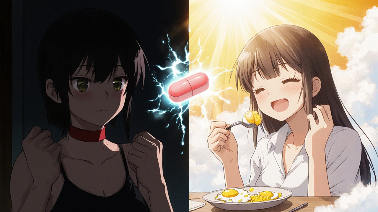 Split image: one side shows throat constriction in shadows, the other shows the same person eating peacefully in sunlight.