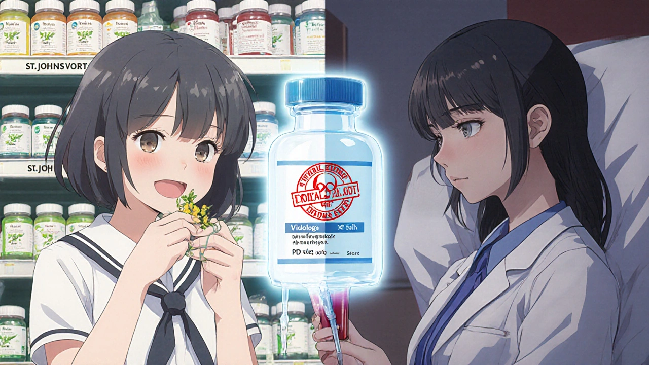 Split scene: girl taking herbal supplement vs same girl sick in clinic with failure test result.