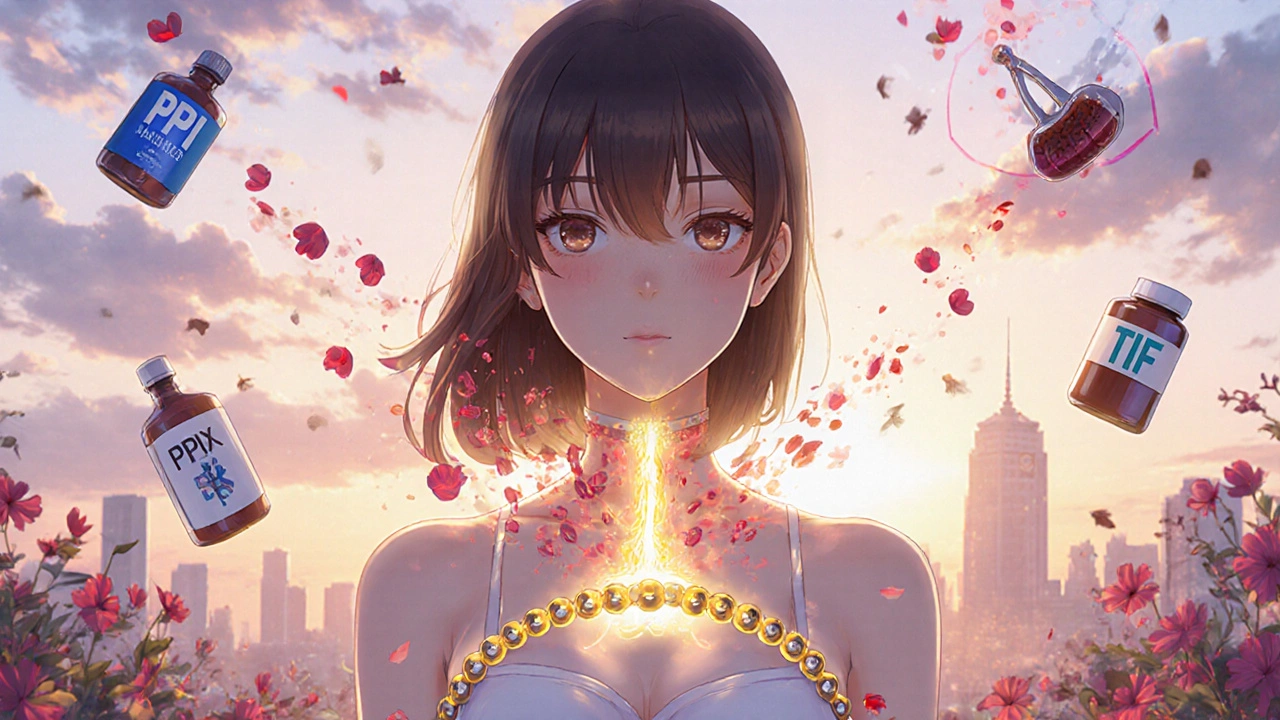 Woman with magnetic LINX device around her esophagus, banishing acid clouds with golden light.