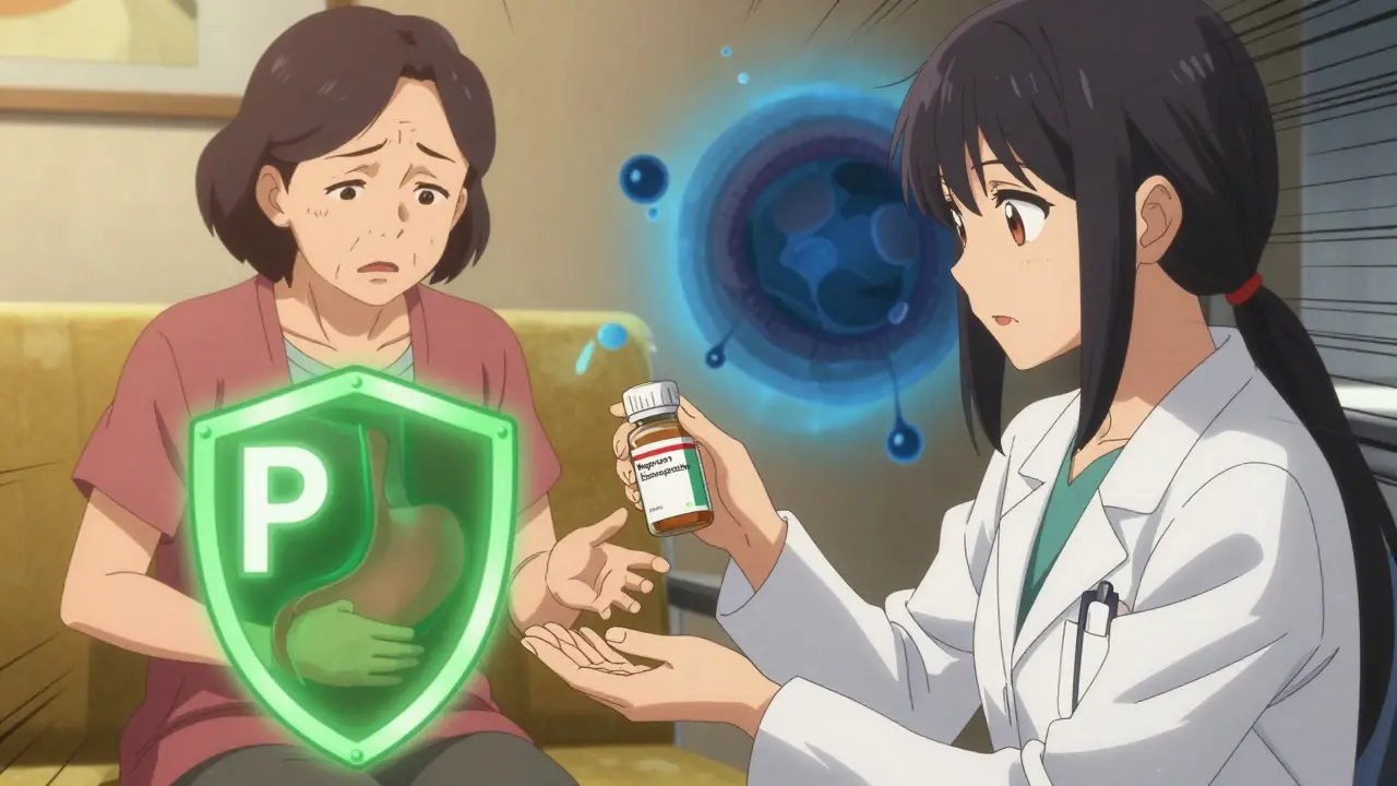A doctor offers a combined naproxen and PPI pill to a patient, with a glowing shield protecting the stomach from acid damage.