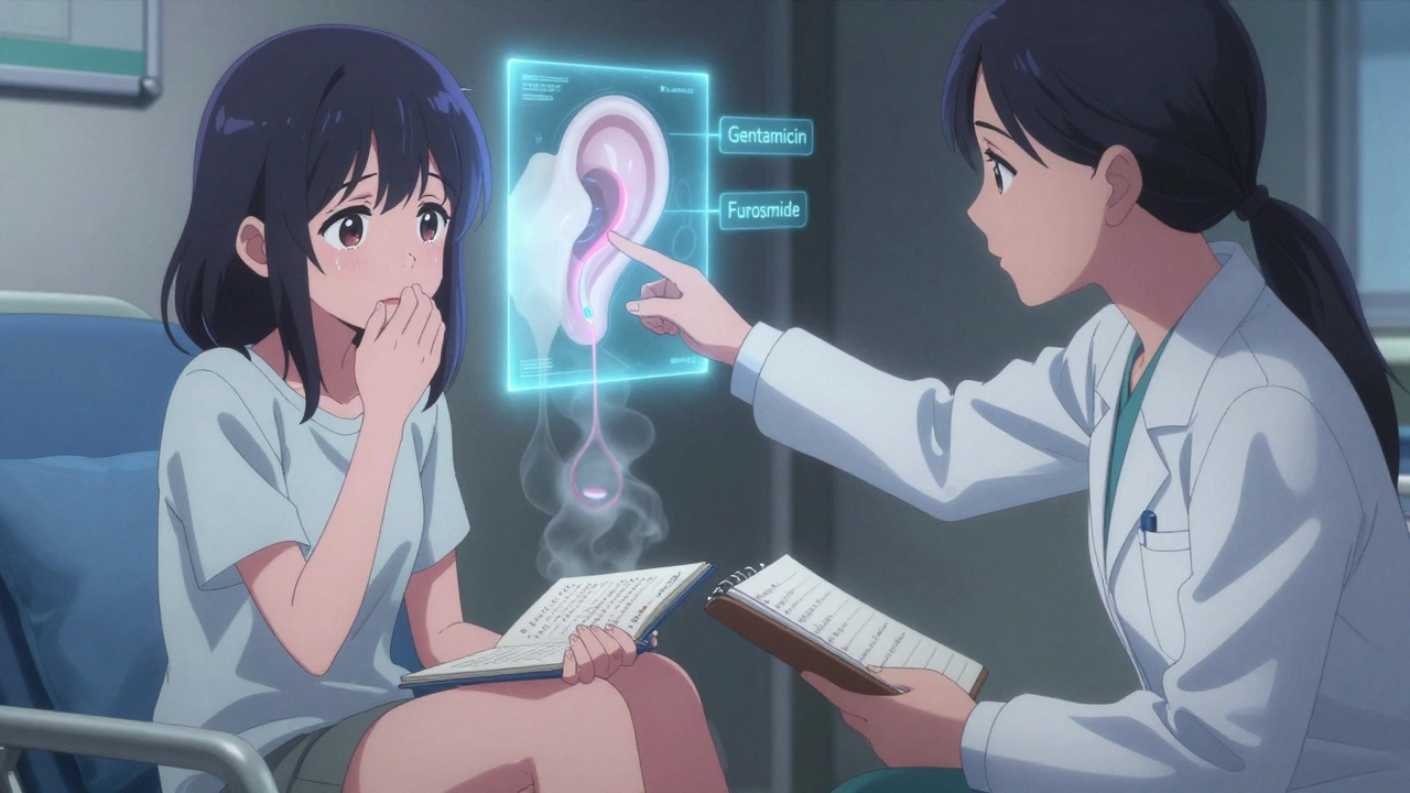 A girl in a hospital holding a dizziness diary while a doctor explains inner ear damage.