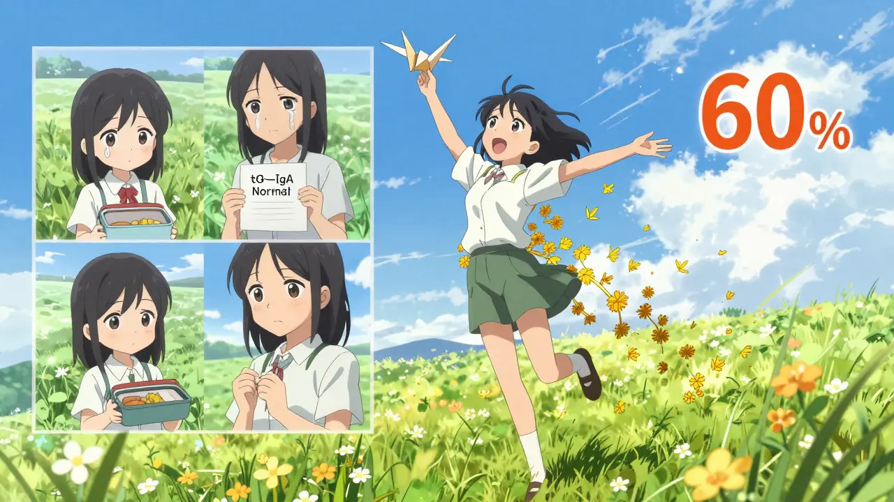 A girl soars like a crane in a field, her body glowing with regenerated villi, contrasting her past small self holding a lunchbox.