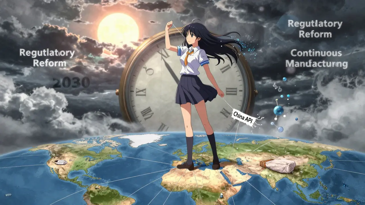 A girl stands on a global map, holding a fraying API thread, with alternative supply lines reaching toward her as a clock ticks to 2030.