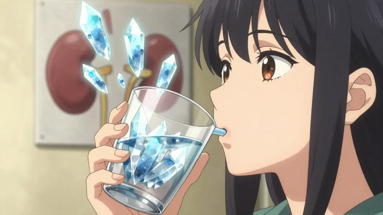 A hand drinking water as crystal shards from medications block kidney filters in the air, symbolizing crystal-induced kidney damage.