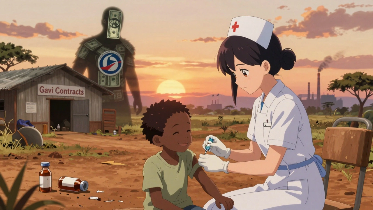 A nurse vaccinating a child in rural Africa, while shadowy corporate figures loom behind abandoned expired doses under a fading sunset.