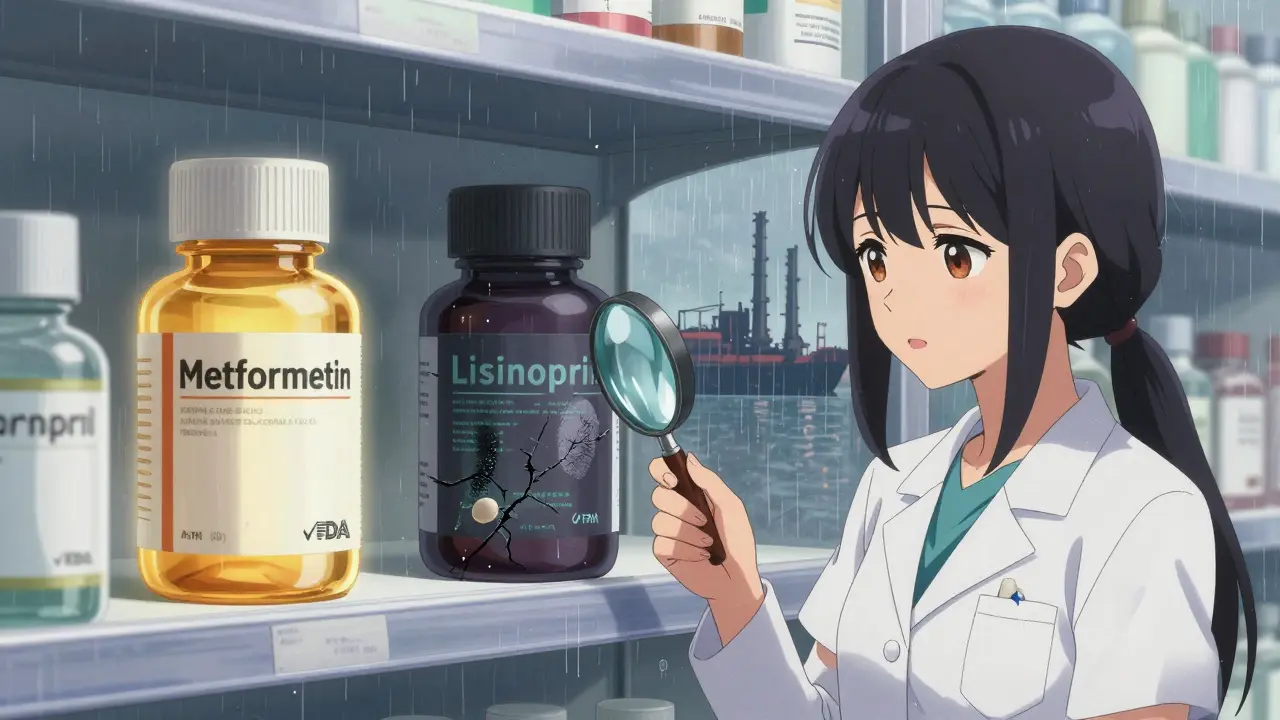 A pharmacy shelf with two pills—one glowing clean, the other cracked and corrupted—under a pharmacist's magnifying glass.