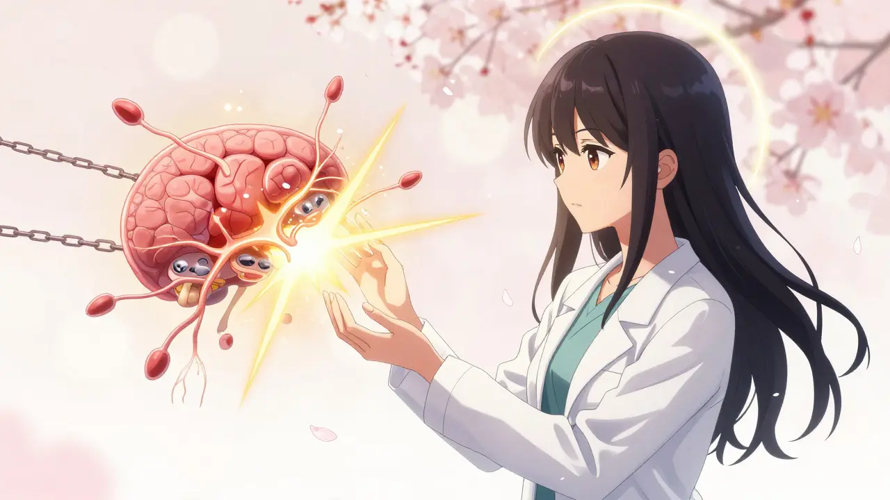 A scientist activating a new neural pathway in the hypothalamus, restoring metabolic balance.