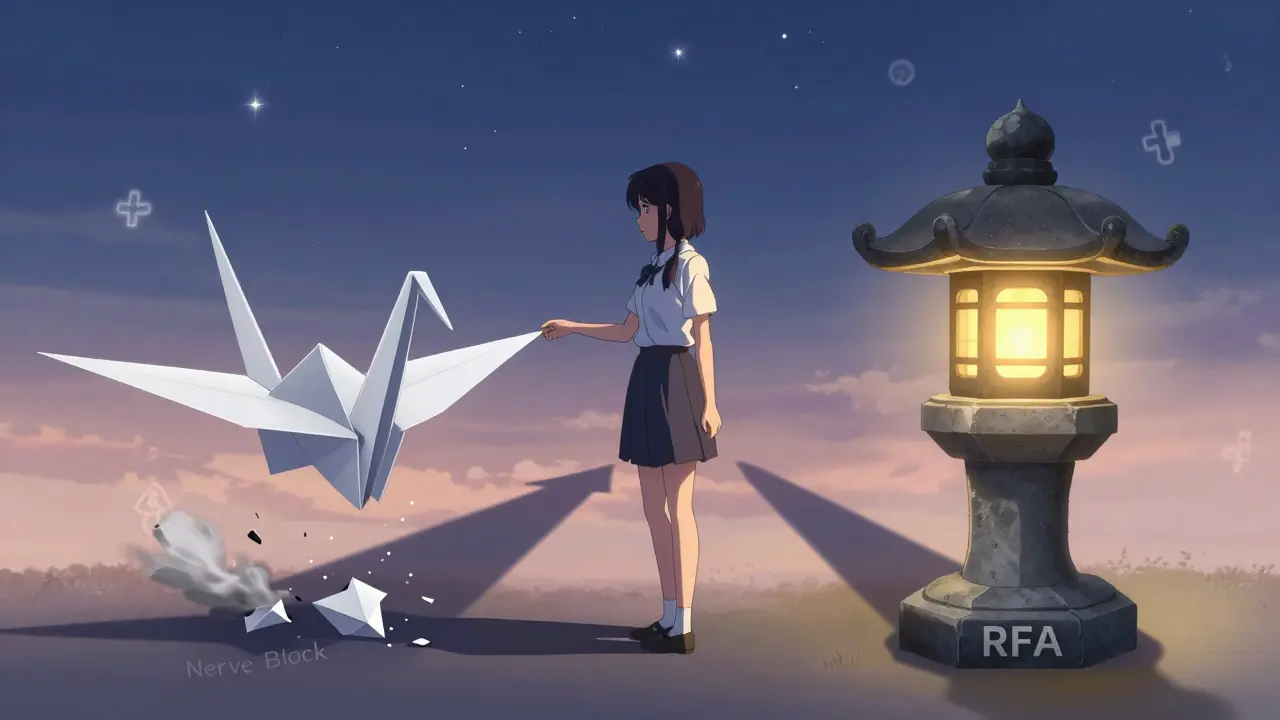 A symbolic comparison of nerve block and RFA as a crumbling crane and a glowing lantern held by a woman between two paths.