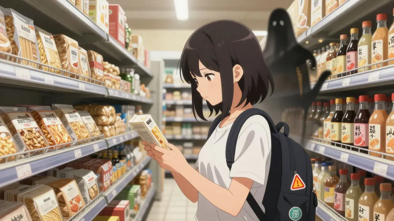 A teen reads food labels in a supermarket, surrounded by regular foods with glowing warnings, determined and focused.