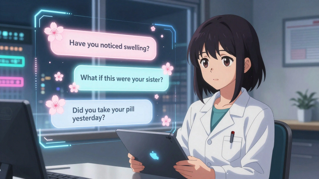 A woman in a clinic with floating AI-generated health questions glowing around her.