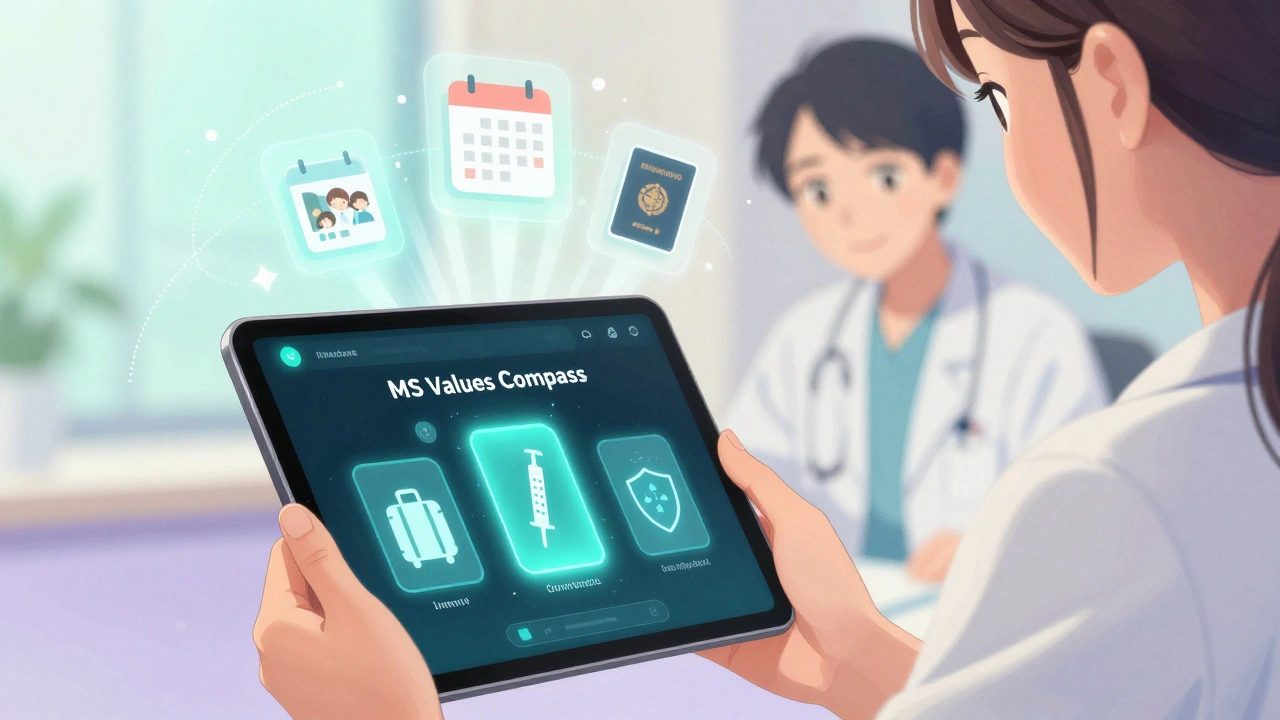 A woman looks at a glowing app interface showing personal health priorities like travel, injections, and infection risk, with soft light highlighting her thoughtful expression.