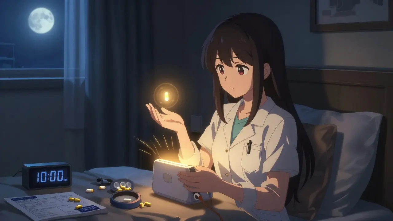 A woman using light therapy at night with a floating melatonin capsule, resetting her body clock.