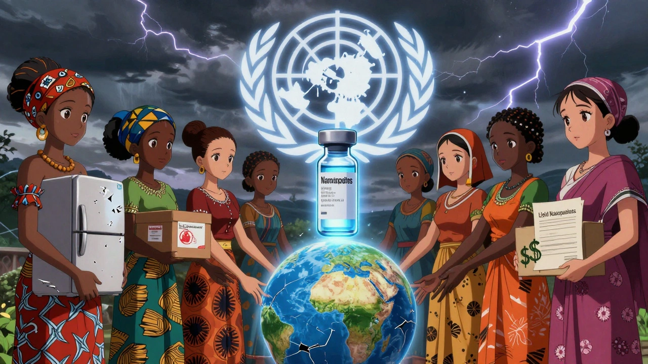 Diverse girls holding hands around a floating vaccine vial, symbolizing global inequity, with broken refrigerators and corporate contracts in the background.