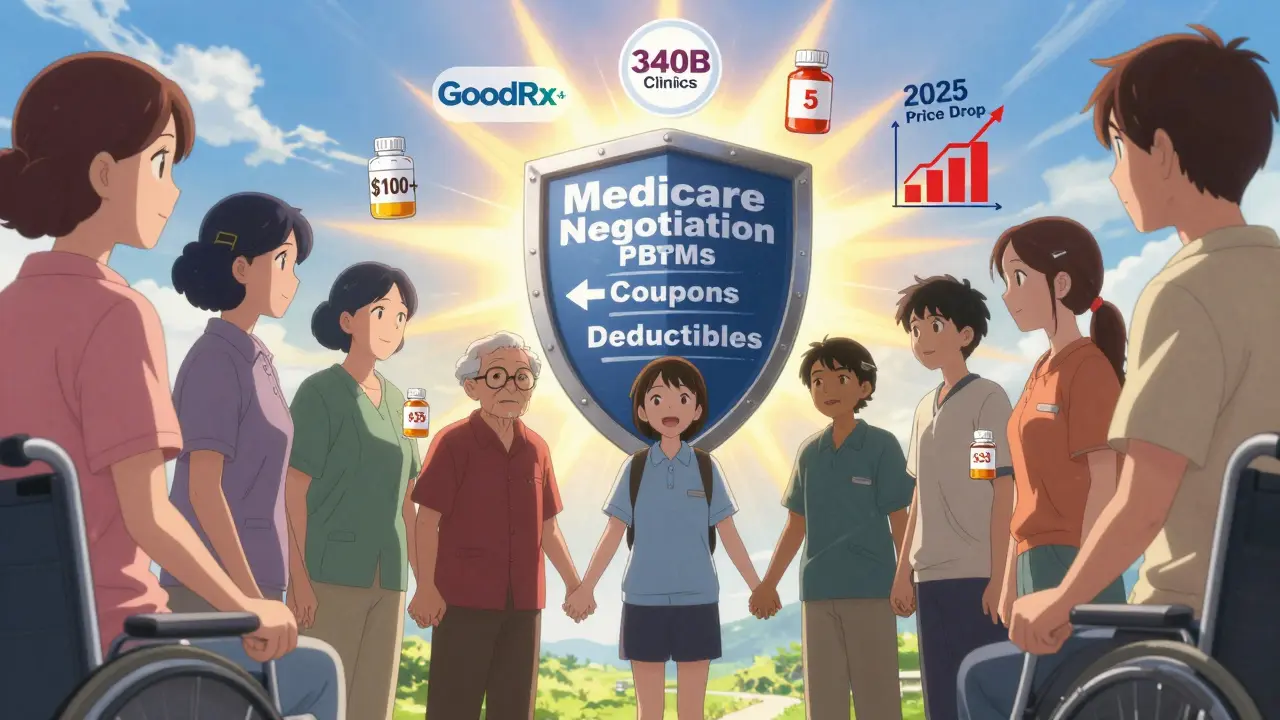 Diverse group of patients united under a shield of Medicare price negotiation, prices dropping on their medications.