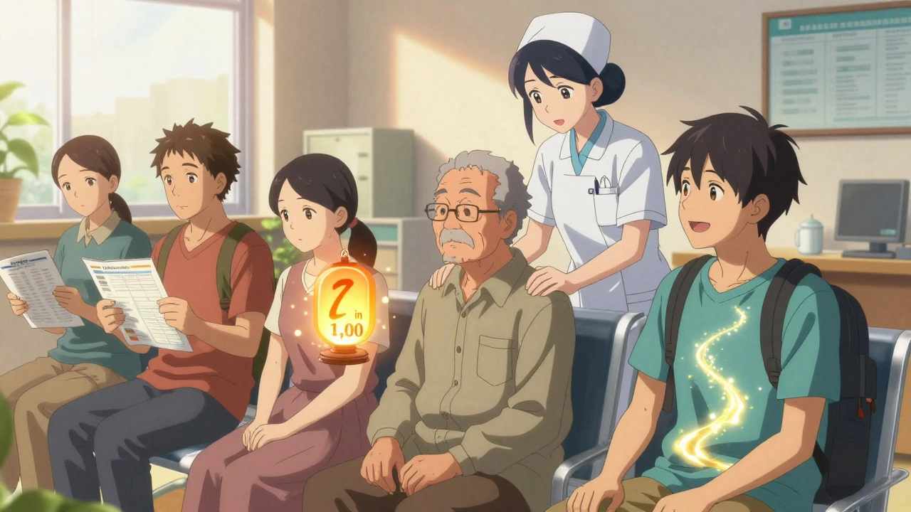 Diverse patients in a clinic hold personalized tools, each surrounded by glowing icons representing their life goals — travel, work, family — under warm afternoon light.