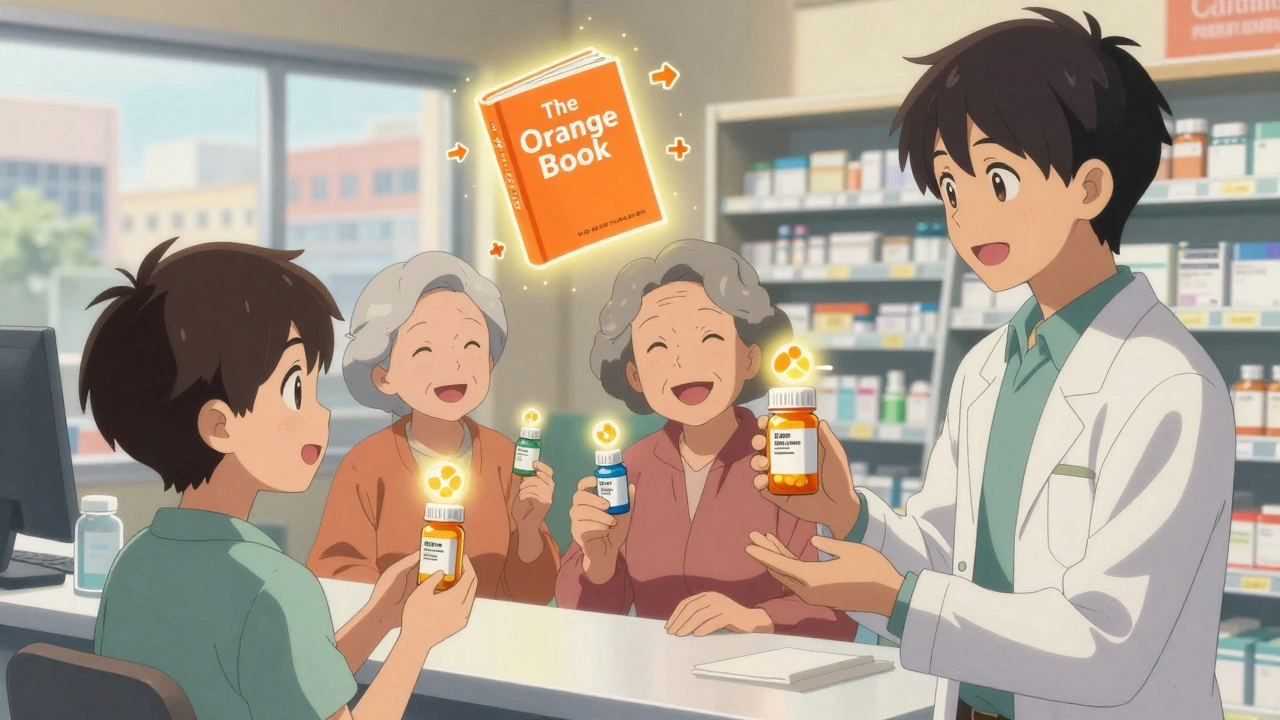Diverse patients receiving generic prescriptions with The Orange Book floating behind them in a pharmacy.