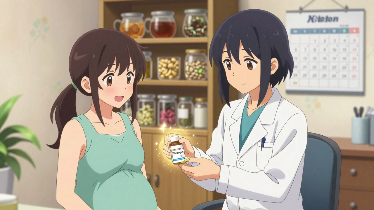 Doctor handing Diclegis prescription to pregnant patient in a warm, comforting office setting.