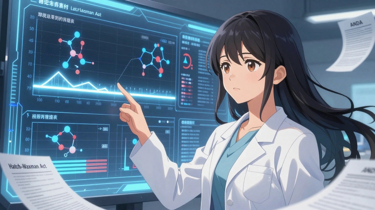 Female scientist analyzing drug bioequivalence graphs in a high-tech lab with Hatch-Waxman Act documents.