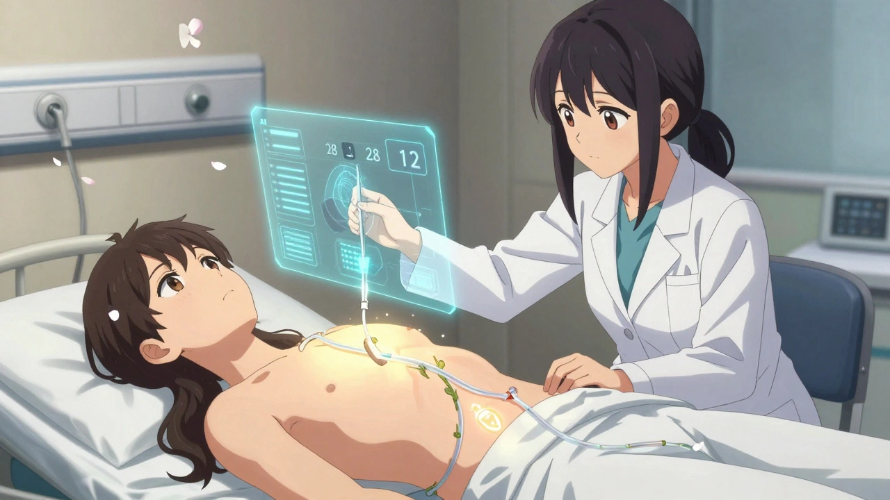 Neurologist performing a CSF tap test as a hologram shows improved walking time, soft light highlighting hope.