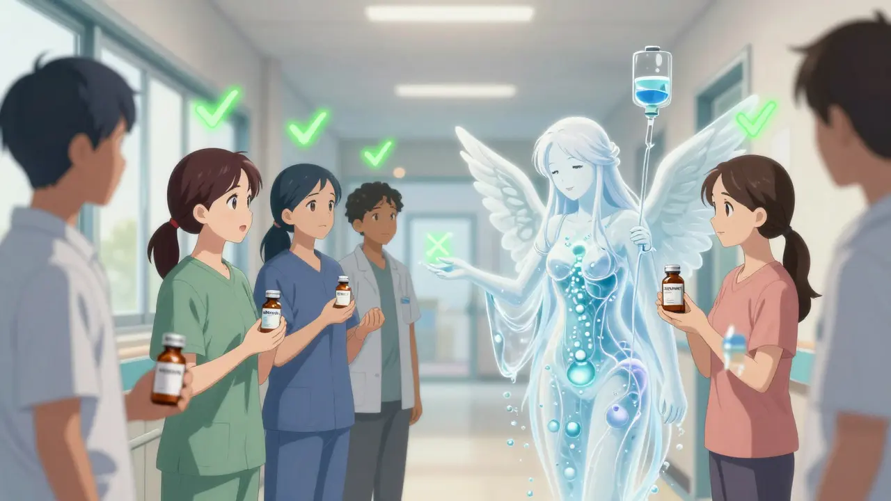 Patients in a hospital hallway being guided by a saline-figure toward safer choices, with glowing checkmarks above those taking preventive actions.