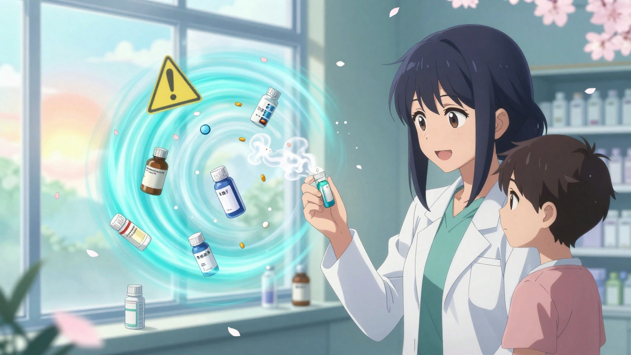 Pharmacist smiling at patient holding single-ingredient medicine, expired bottles fading behind them.