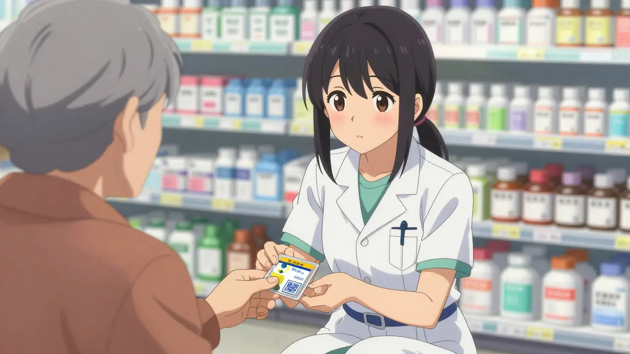 Pharmacy technician handing an elderly customer a cold-seal pill pack with large text and QR code.