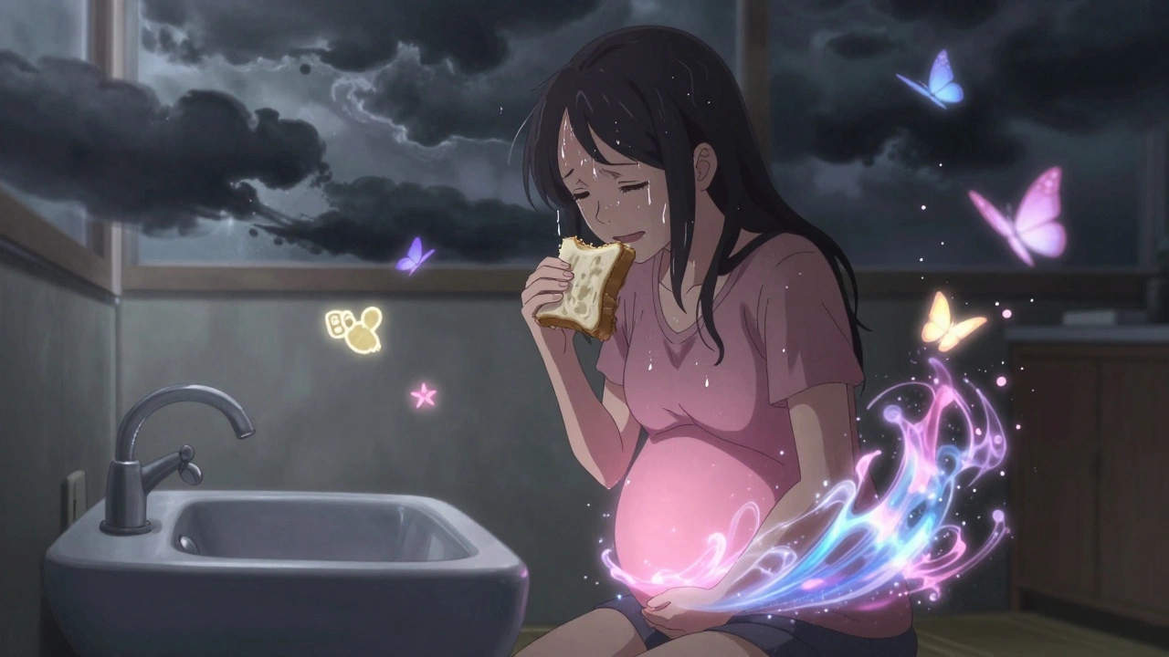 Pregnant woman smiling while eating a sandwich, nausea fading as symbolic butterflies rise around her.