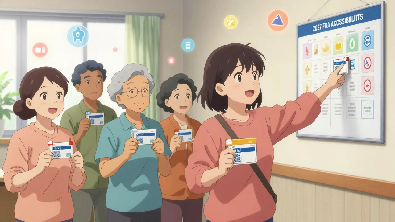 Seniors holding accessible medication packages, smiling beside a chart showing 2027 accessibility goal.