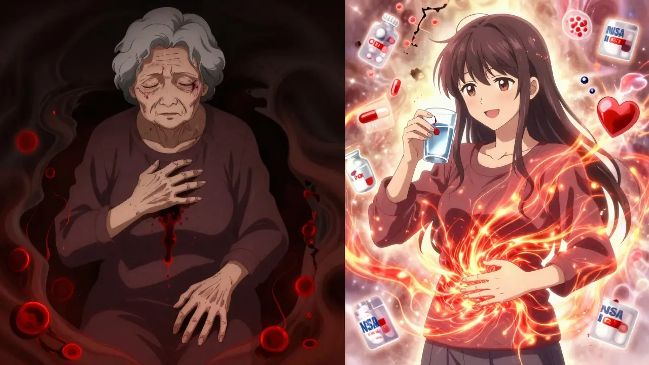 Split scene: left shows blood loss from NSAID use, right shows healing with PPI, radiant energy restoring health in anime style.