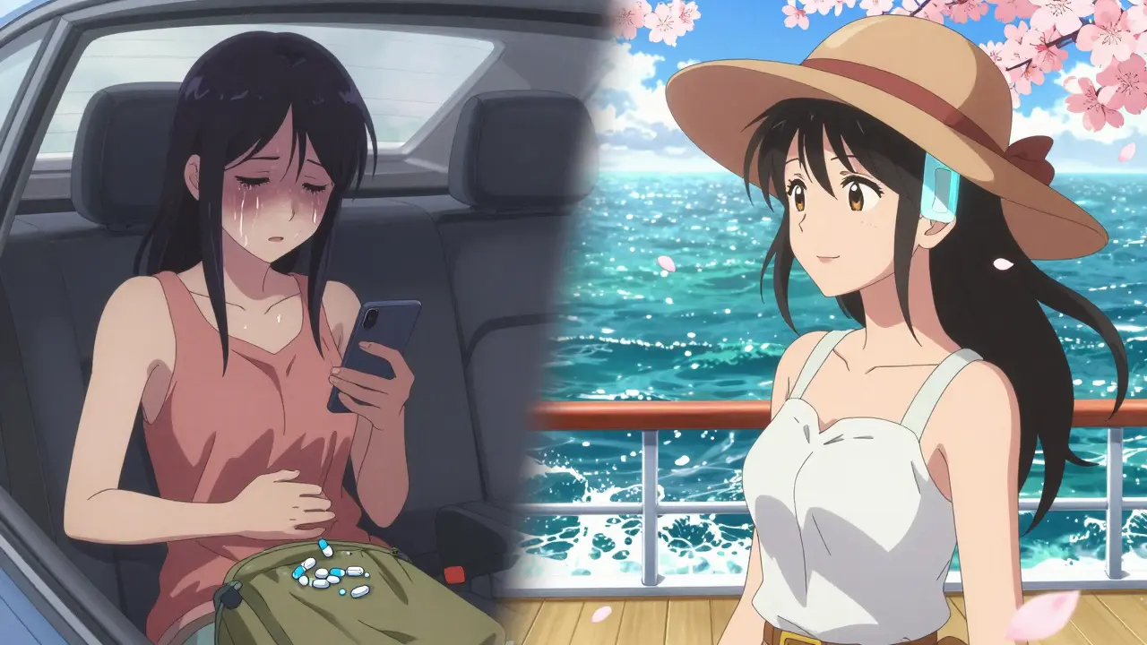 Split scene: one side shows nausea in a car, the other calm relief on a cruise deck with glowing patch.