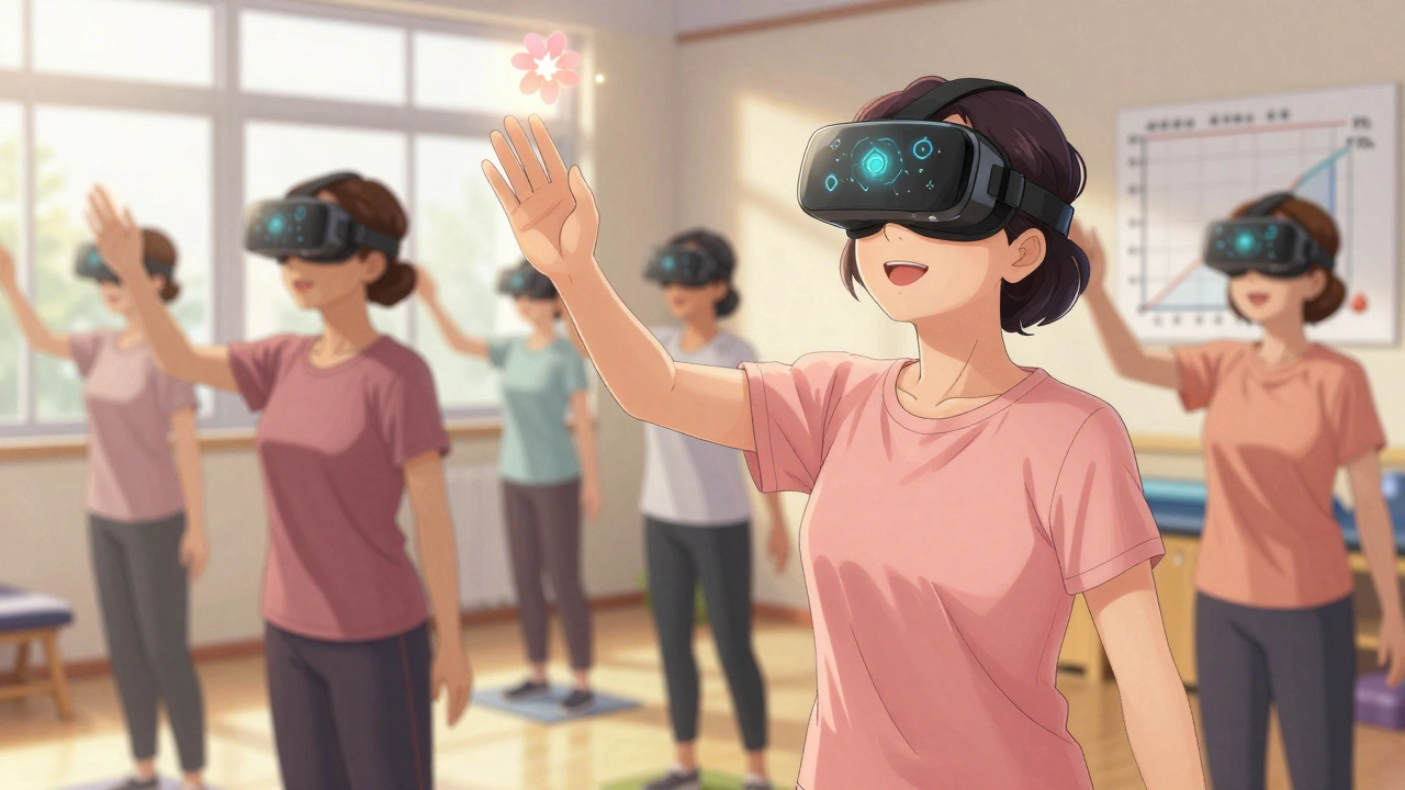 Three older women doing balance therapy with virtual reality, smiling as they regain stability.