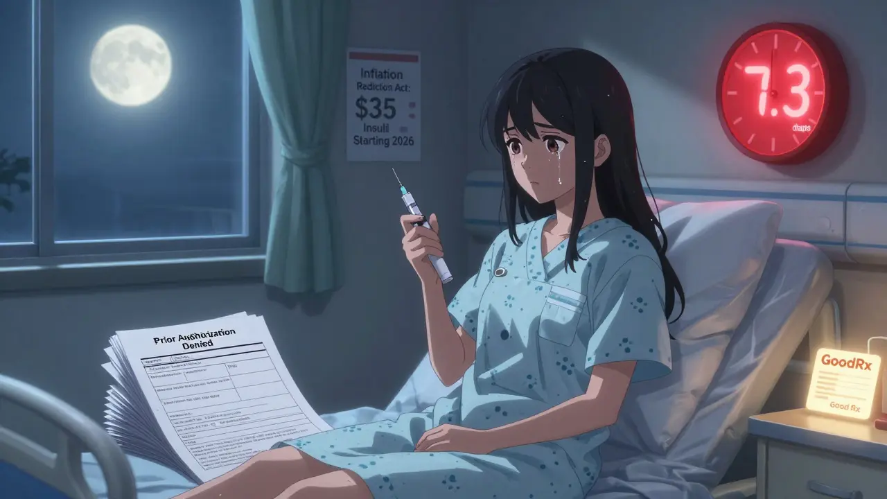 Woman in hospital bed holding insulin pen with insurance denial letters and a hopeful GoodRx coupon nearby.