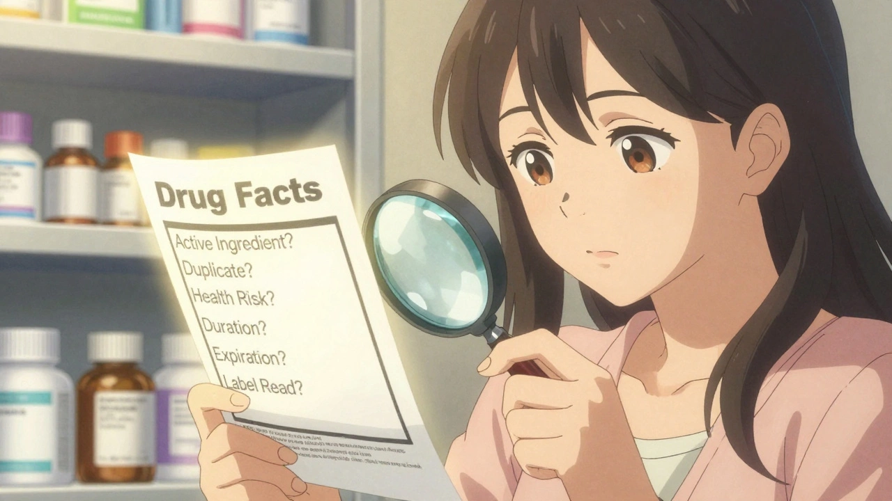 Woman reading a Drug Facts label closely with a magnifying glass, glowing checklist beside her.