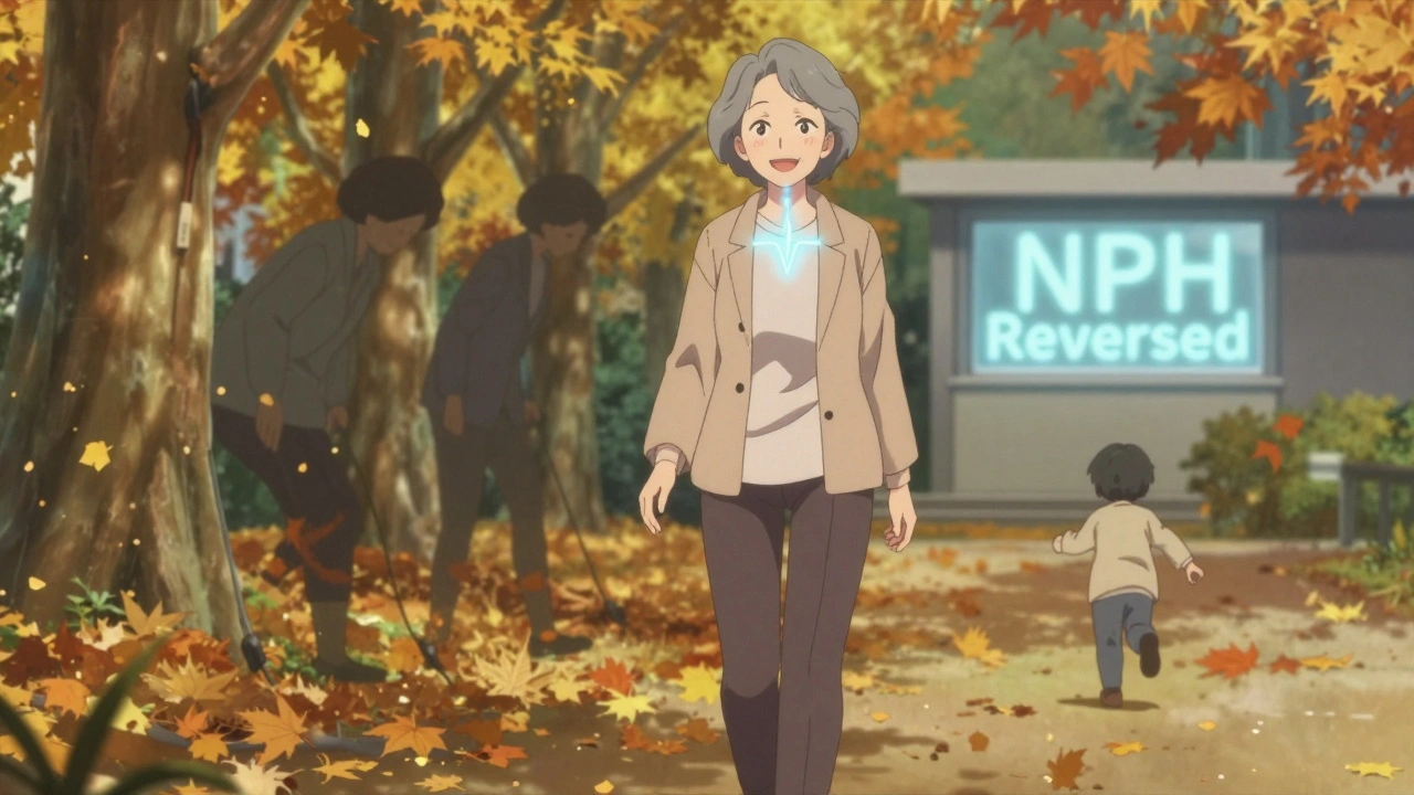 Woman walking confidently in a park, glowing shunt valve visible, past self fading into autumn leaves.