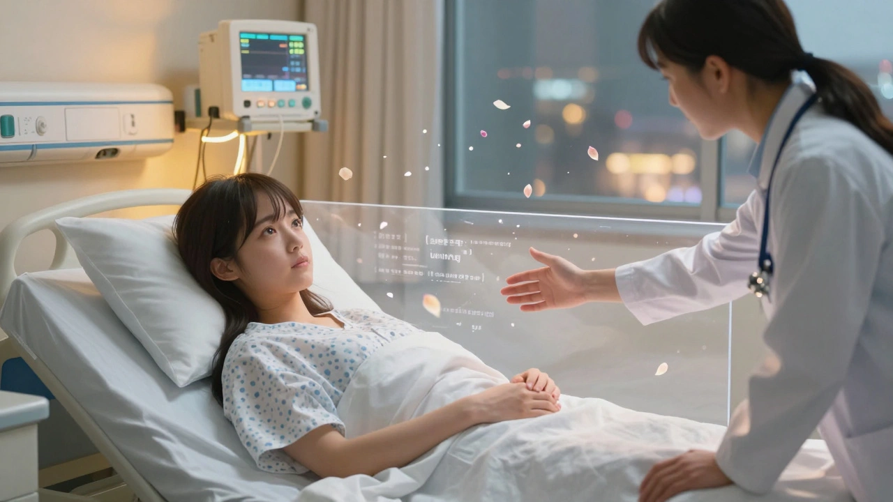 Young woman in hospital bed with counselor&#039;s hand reaching out through glowing barrier, medical monitors glowing softly.