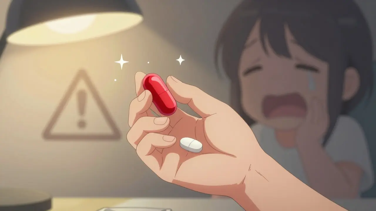 A child's hand holds two different pills—one red, one white—with symbolic glows and shadows around them.