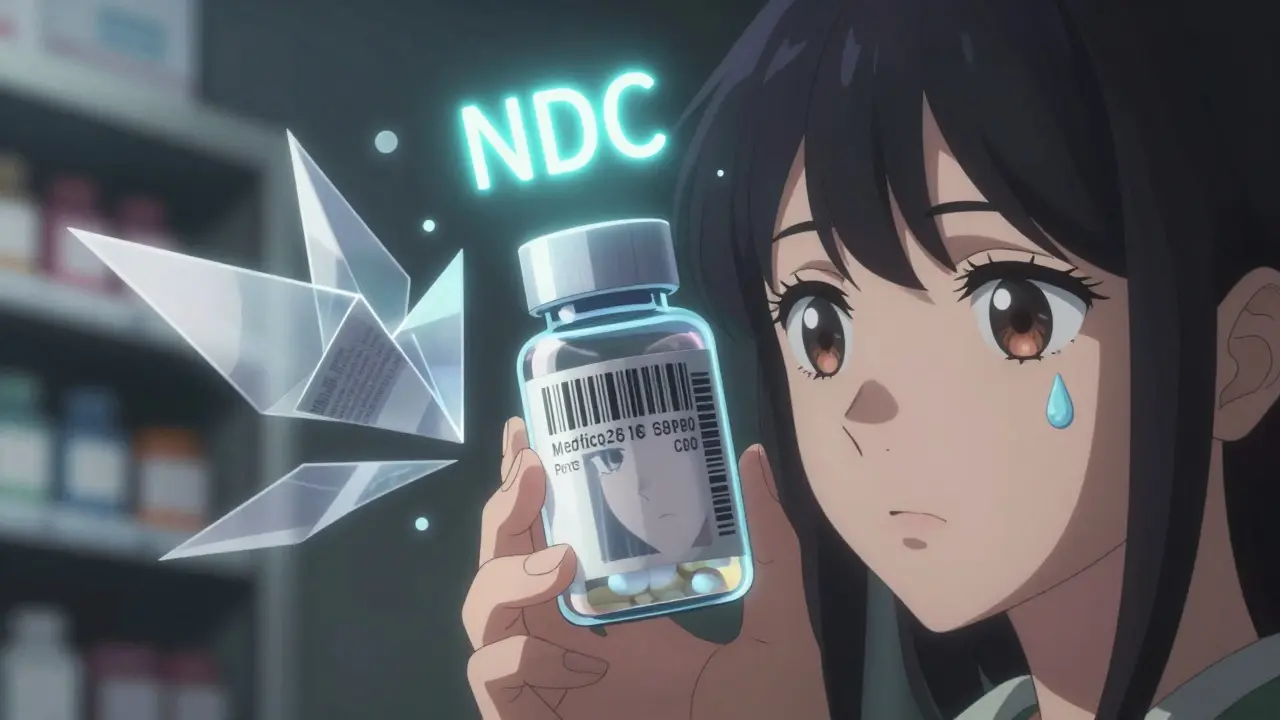 A close-up of a pill bottle with glowing NDC code and Medication Guide fragments unfolding like origami in anime style.