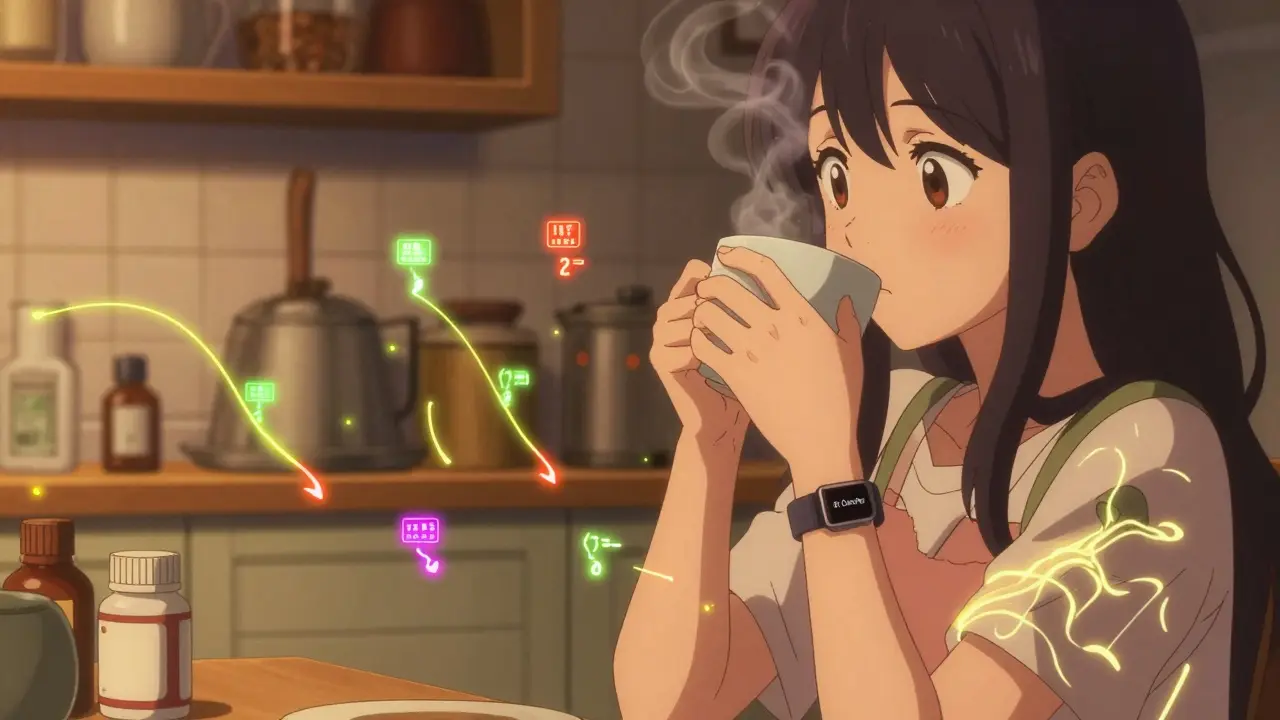 A girl notices declining activity levels as animated data vines appear around her in a cozy kitchen setting.